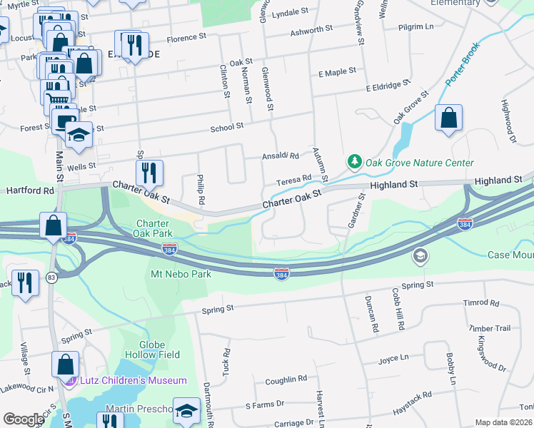 map of restaurants, bars, coffee shops, grocery stores, and more near 17 Sycamore Lane in Manchester