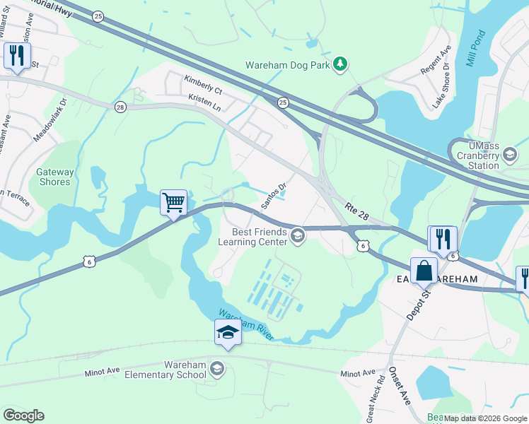 map of restaurants, bars, coffee shops, grocery stores, and more near 218 Sandwich Road in Wareham