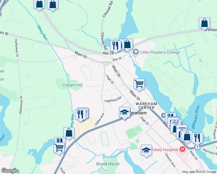 map of restaurants, bars, coffee shops, grocery stores, and more near 24 Highland Terrace in Wareham
