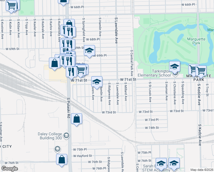 map of restaurants, bars, coffee shops, grocery stores, and more near 7139 South Hamlin Avenue in Chicago