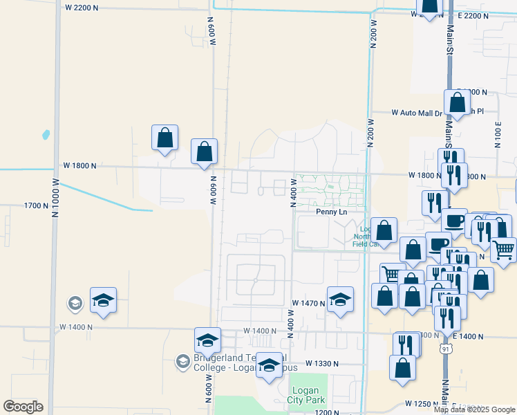 map of restaurants, bars, coffee shops, grocery stores, and more near 1742 North 500 West in Logan
