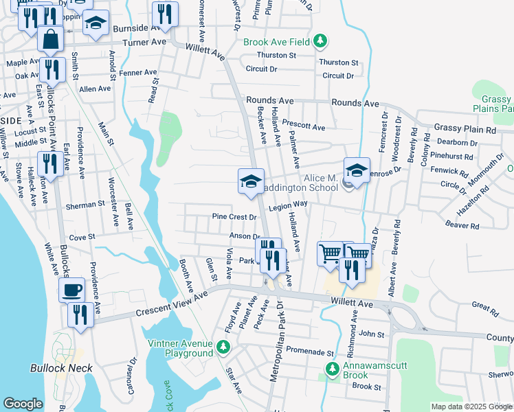 map of restaurants, bars, coffee shops, grocery stores, and more near 21 Pine Crest Drive in East Providence