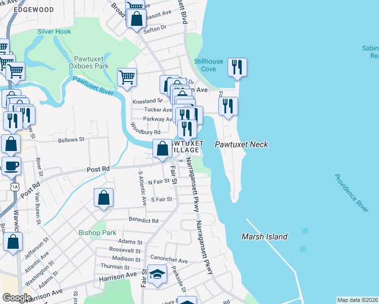 map of restaurants, bars, coffee shops, grocery stores, and more near 2 East View Street in Warwick