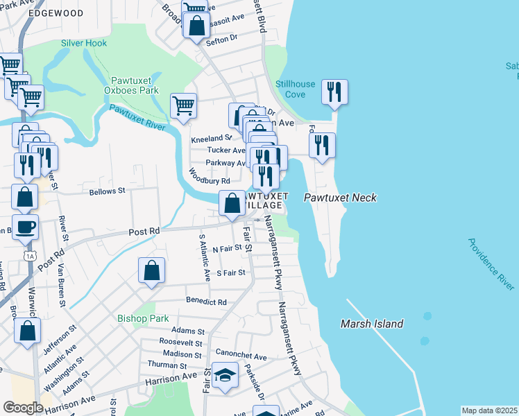 map of restaurants, bars, coffee shops, grocery stores, and more near 46 Post Road in Warwick