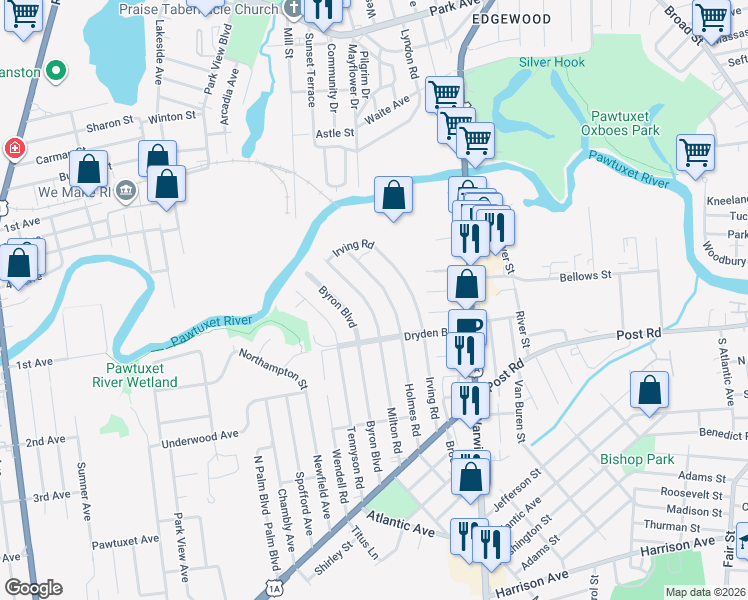 map of restaurants, bars, coffee shops, grocery stores, and more near 112 Milton Road in Warwick