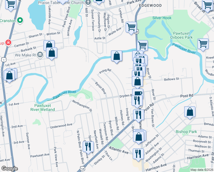 map of restaurants, bars, coffee shops, grocery stores, and more near 112 Milton Road in Warwick