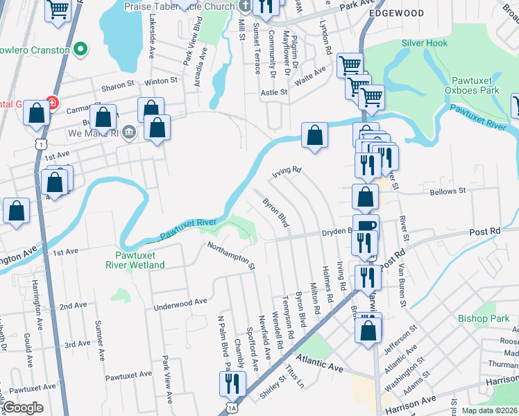 map of restaurants, bars, coffee shops, grocery stores, and more near 45 Tennyson Road in Warwick