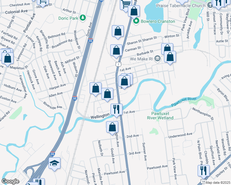 map of restaurants, bars, coffee shops, grocery stores, and more near 1655 U.S. 1 in Cranston