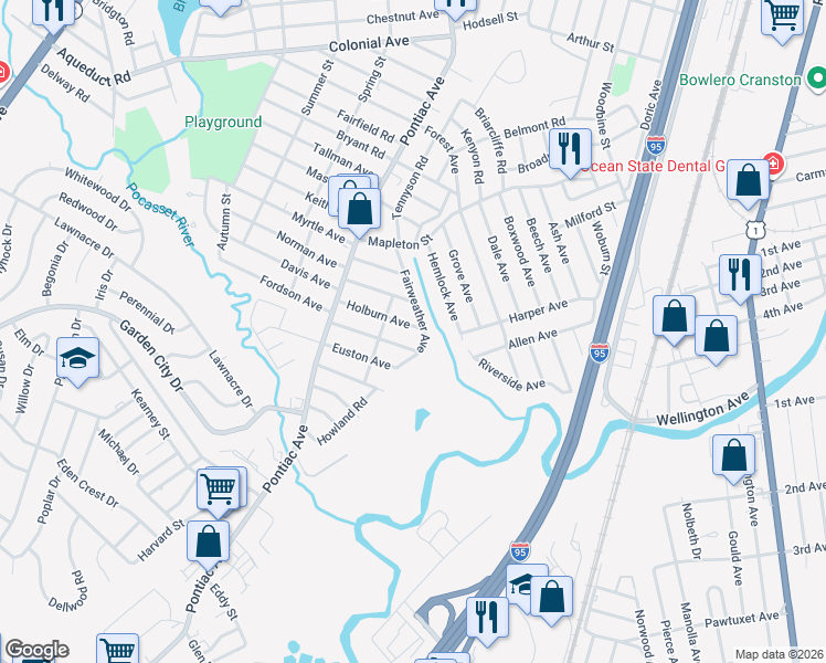 map of restaurants, bars, coffee shops, grocery stores, and more near 77 Dixwell Avenue in Cranston