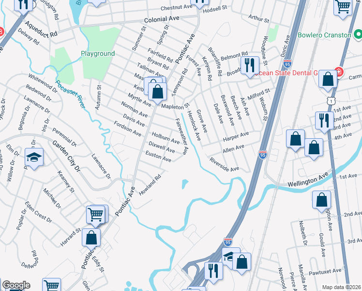 map of restaurants, bars, coffee shops, grocery stores, and more near 77 Dixwell Avenue in Cranston