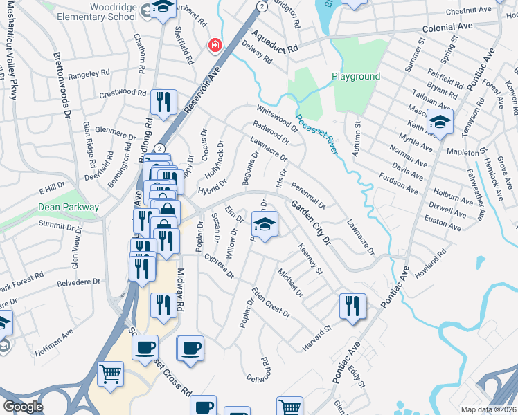 map of restaurants, bars, coffee shops, grocery stores, and more near 46 Elm Drive in Cranston