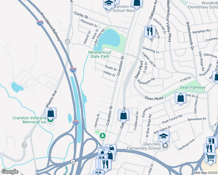map of restaurants, bars, coffee shops, grocery stores, and more near 14 Walker Street in Cranston