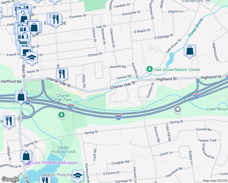 map of restaurants, bars, coffee shops, grocery stores, and more near 17 Sycamore Lane in Manchester