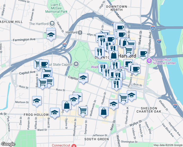 map of restaurants, bars, coffee shops, grocery stores, and more near 13 1/2 Clinton Street in Hartford