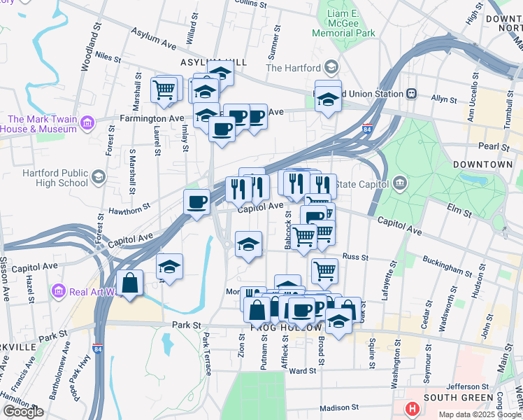 map of restaurants, bars, coffee shops, grocery stores, and more near 14 Columbia Street in Hartford