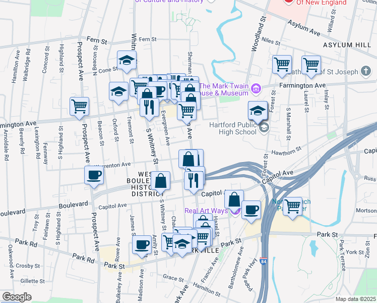 map of restaurants, bars, coffee shops, grocery stores, and more near 169 Sisson Avenue in Hartford