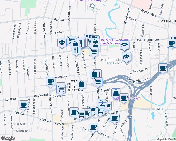 map of restaurants, bars, coffee shops, grocery stores, and more near 23 Warrenton Avenue in Hartford