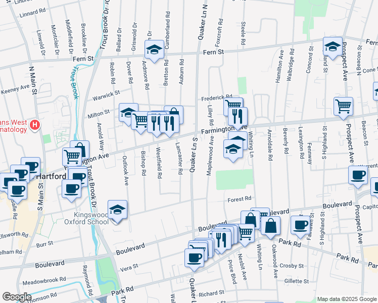 map of restaurants, bars, coffee shops, grocery stores, and more near 48 Quaker Lane South in West Hartford