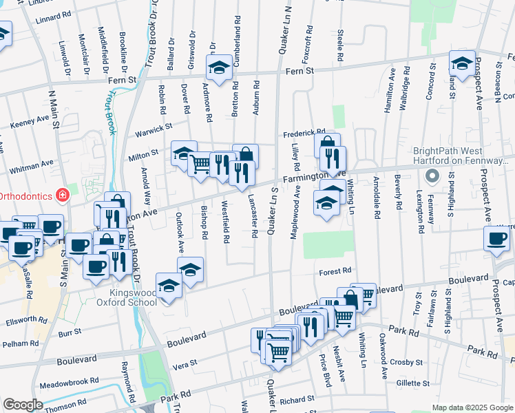 map of restaurants, bars, coffee shops, grocery stores, and more near 37 Lancaster Road in West Hartford
