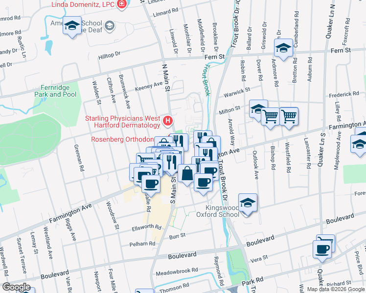 map of restaurants, bars, coffee shops, grocery stores, and more near 12 North Main Street in West Hartford