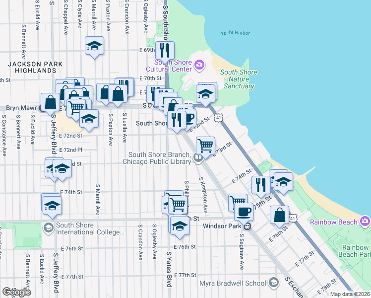 map of restaurants, bars, coffee shops, grocery stores, and more near 7246 South Phillips Avenue in Chicago