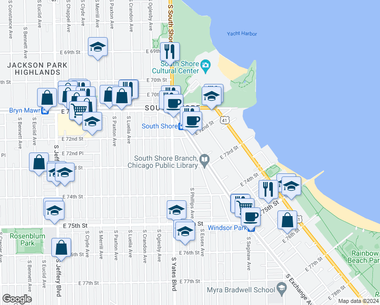 map of restaurants, bars, coffee shops, grocery stores, and more near 7246 South Phillips Avenue in Chicago