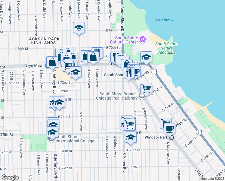 map of restaurants, bars, coffee shops, grocery stores, and more near 7247 South Crandon Avenue in Chicago