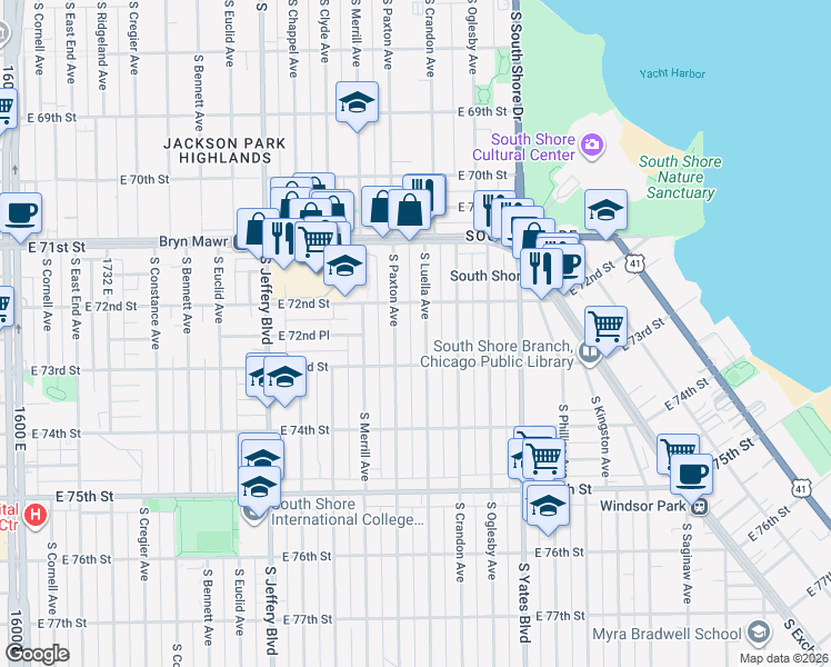 map of restaurants, bars, coffee shops, grocery stores, and more near 7247 South Luella Avenue in Chicago