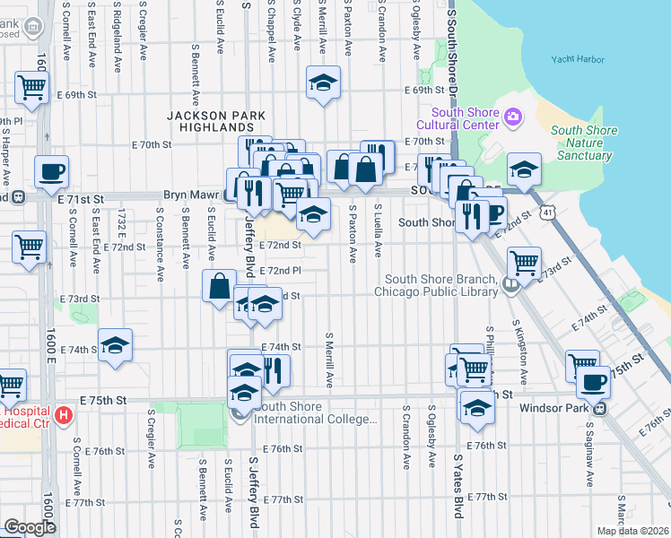 map of restaurants, bars, coffee shops, grocery stores, and more near 7248 South Paxton Avenue in Chicago