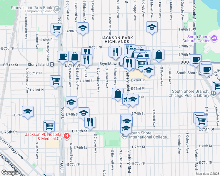 map of restaurants, bars, coffee shops, grocery stores, and more near 7245 South Bennett Avenue in Chicago