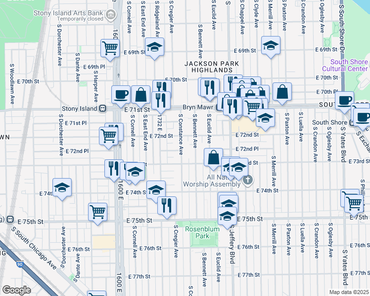 map of restaurants, bars, coffee shops, grocery stores, and more near 7249 South Constance Avenue in Chicago