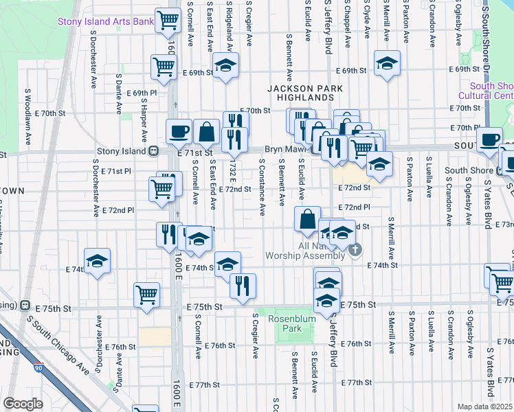 map of restaurants, bars, coffee shops, grocery stores, and more near 7249 South Constance Avenue in Chicago