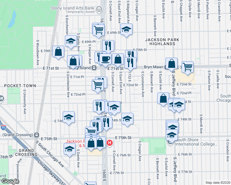 map of restaurants, bars, coffee shops, grocery stores, and more near 7240 South Cornell Avenue in Chicago