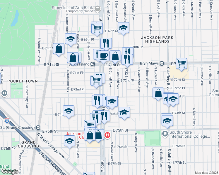 map of restaurants, bars, coffee shops, grocery stores, and more near 7240 South Cornell Avenue in Chicago