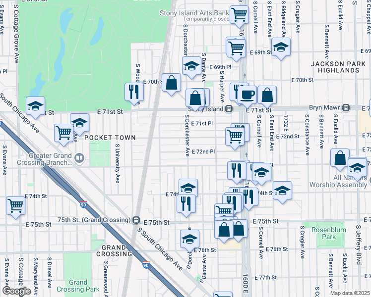 map of restaurants, bars, coffee shops, grocery stores, and more near 7244 South Dorchester Avenue in Chicago