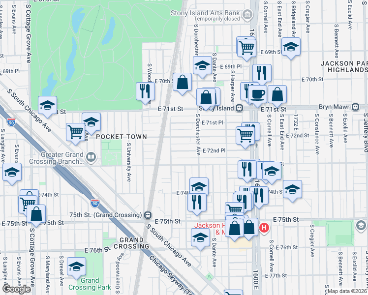 map of restaurants, bars, coffee shops, grocery stores, and more near 1321 East 72nd Place in Chicago