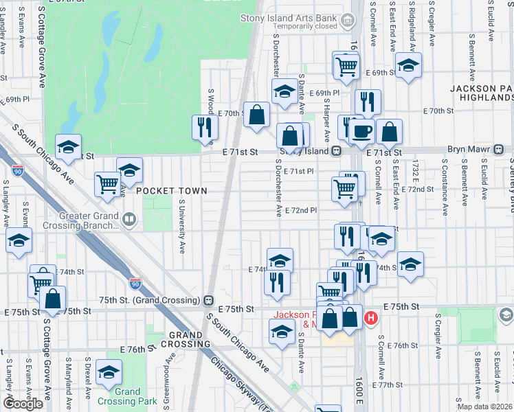map of restaurants, bars, coffee shops, grocery stores, and more near 1321 East 72nd Place in Chicago