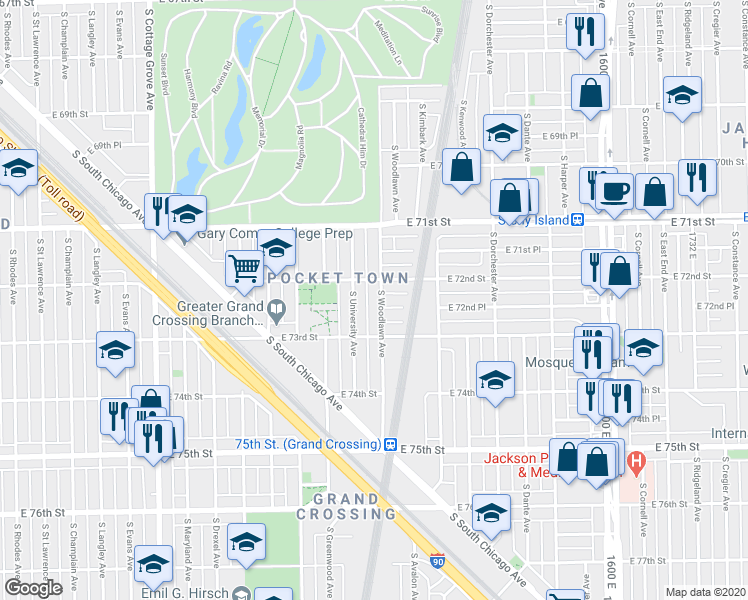 map of restaurants, bars, coffee shops, grocery stores, and more near 7241 South Woodlawn Avenue in Chicago