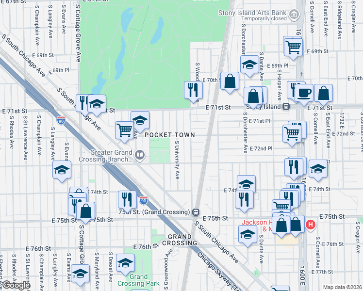 map of restaurants, bars, coffee shops, grocery stores, and more near 7238 South University Avenue in Chicago