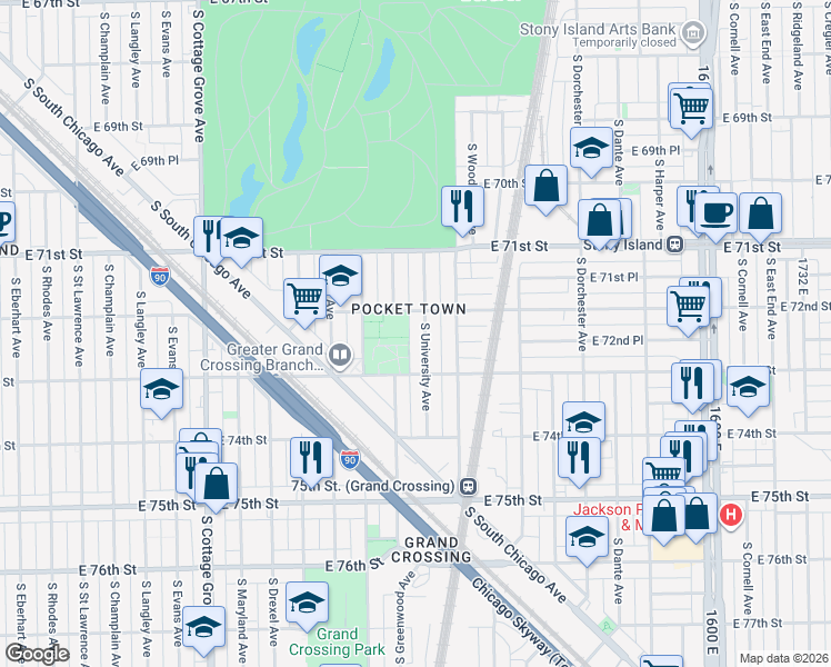 map of restaurants, bars, coffee shops, grocery stores, and more near 7238 South University Avenue in Chicago