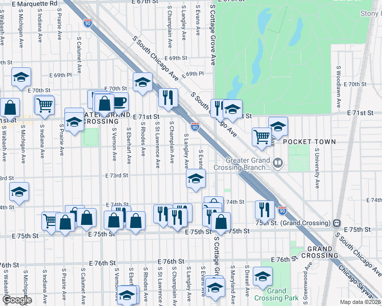 map of restaurants, bars, coffee shops, grocery stores, and more near 7233 South Langley Avenue in Chicago