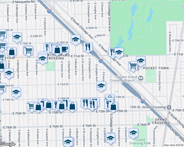 map of restaurants, bars, coffee shops, grocery stores, and more near 7231 South Champlain Avenue in Chicago