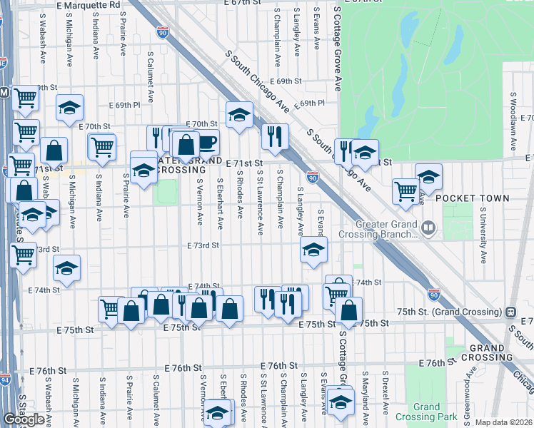 map of restaurants, bars, coffee shops, grocery stores, and more near 7230 South Saint Lawrence Avenue in Chicago
