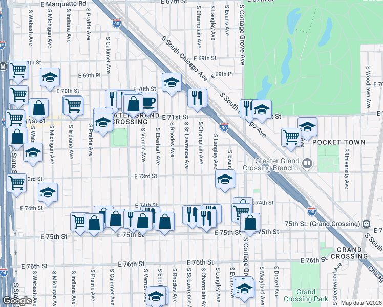 map of restaurants, bars, coffee shops, grocery stores, and more near 7230 South Saint Lawrence Avenue in Chicago