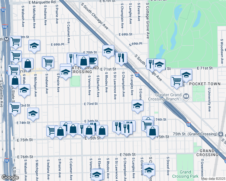 map of restaurants, bars, coffee shops, grocery stores, and more near 7230 South Saint Lawrence Avenue in Chicago