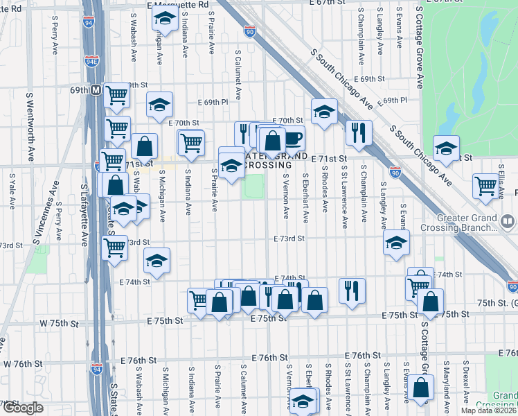 map of restaurants, bars, coffee shops, grocery stores, and more near 7229 South King Drive in Chicago