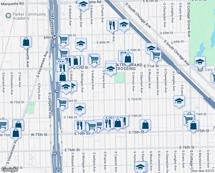 map of restaurants, bars, coffee shops, grocery stores, and more near 7229 South Prairie Avenue in Chicago