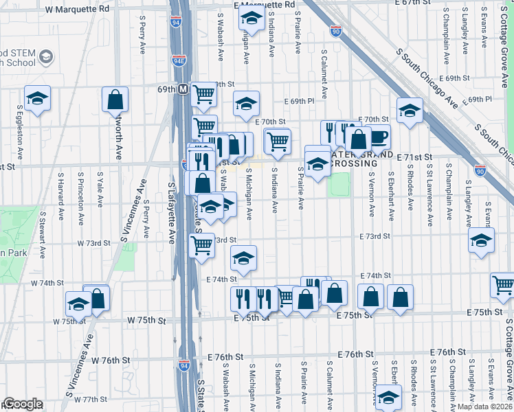 map of restaurants, bars, coffee shops, grocery stores, and more near 7227 South Michigan Avenue in Chicago