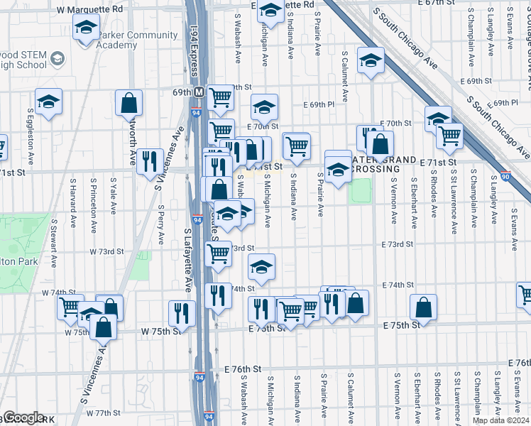 map of restaurants, bars, coffee shops, grocery stores, and more near 7229 South Wabash Avenue in Chicago