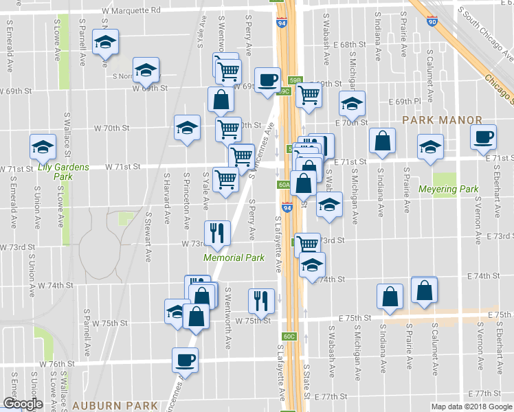 map of restaurants, bars, coffee shops, grocery stores, and more near 7218 South Perry Avenue in Chicago